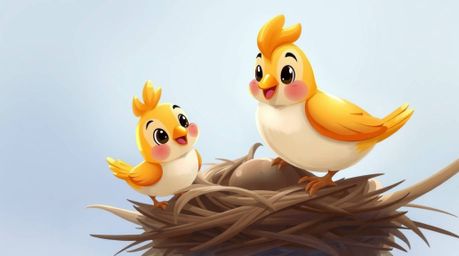 Adorable cartoon birds collaborate on building their nest, depicted in a charming classic animation style. The digital paint