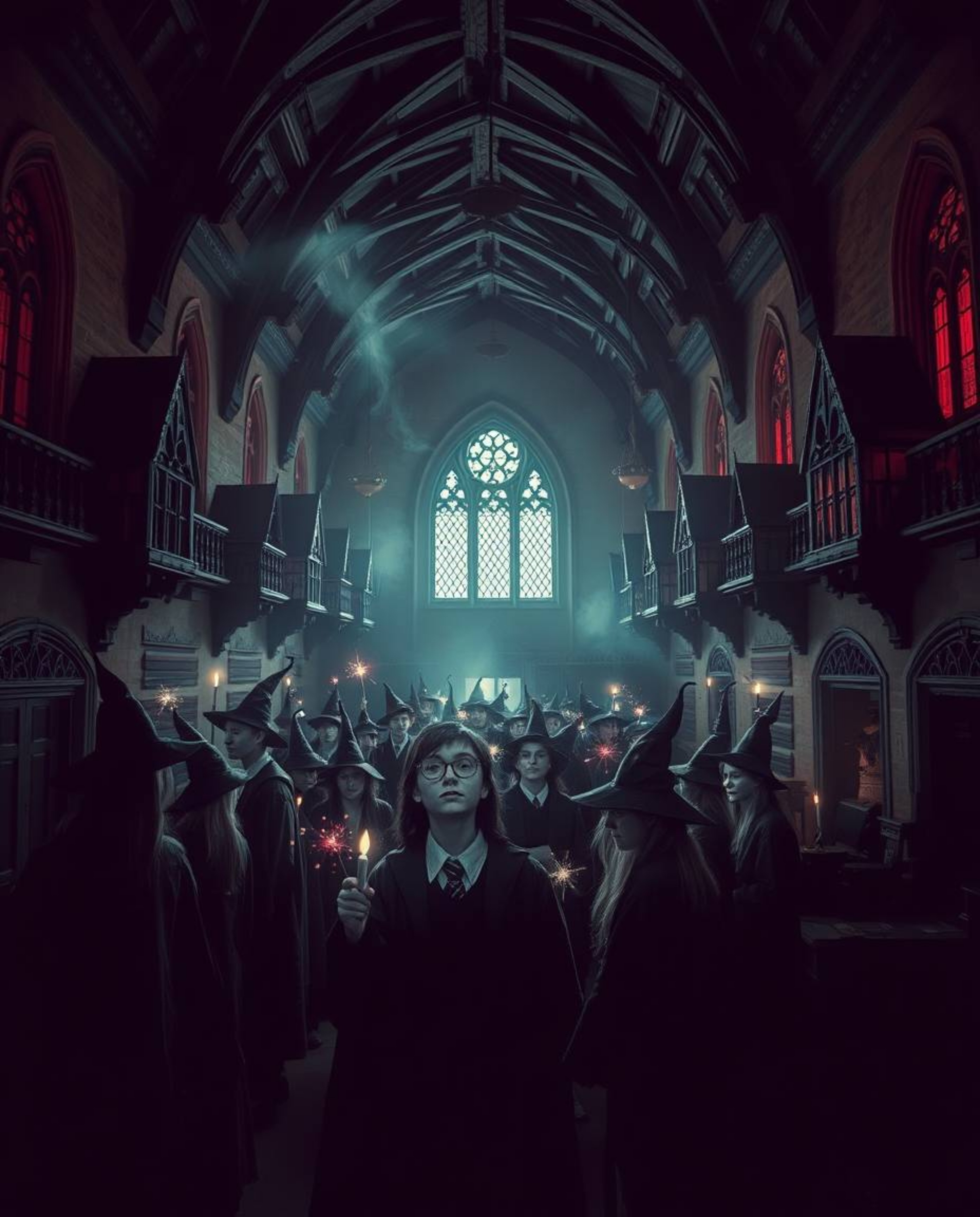 Experience a magical school teeming with young wizards, brought to life in surreal infrared tones. This artwork masterfully u