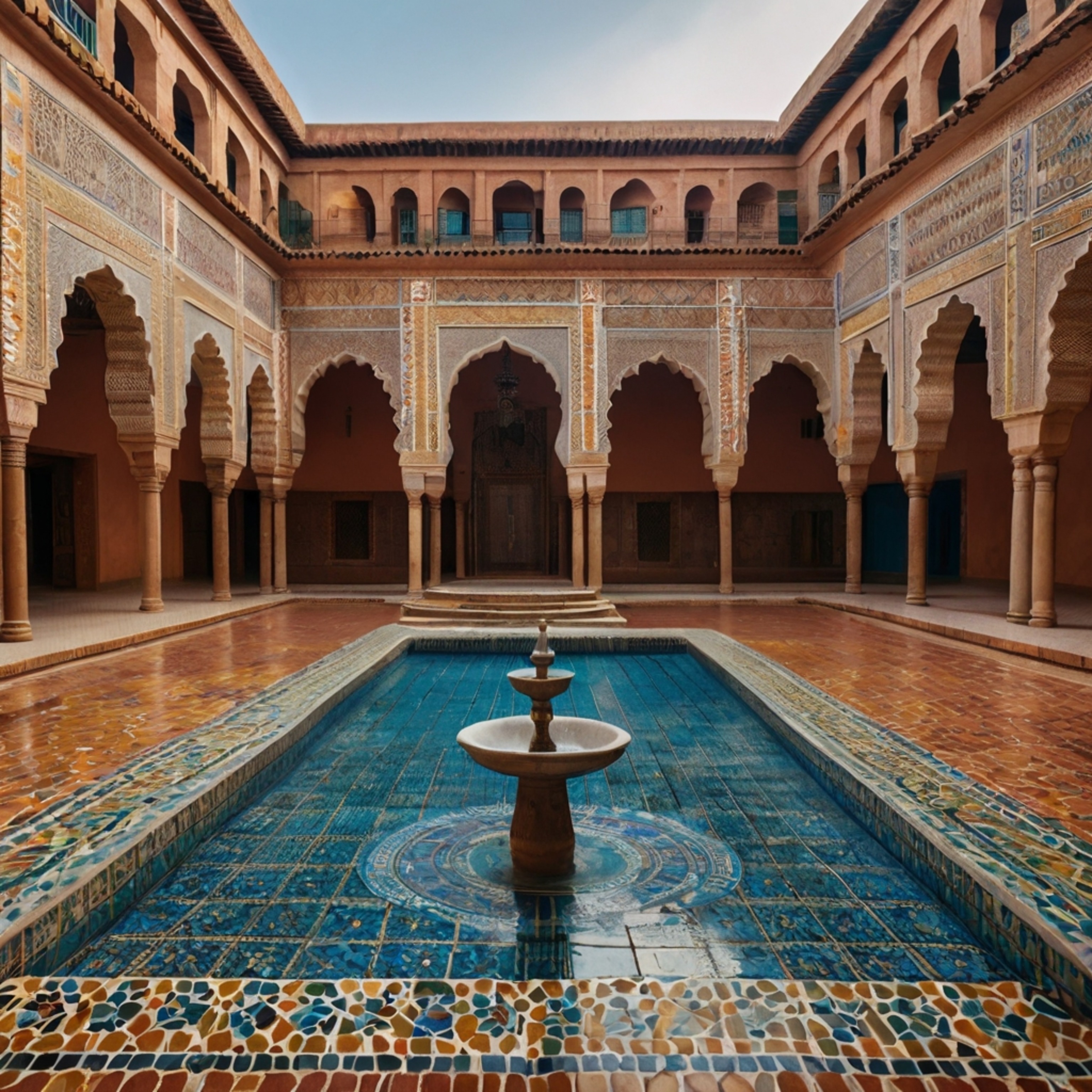 Explore the beauty of a traditional Moroccan courtyard, featuring vibrant colorful tiles, intricate mosaics, and a serene cen