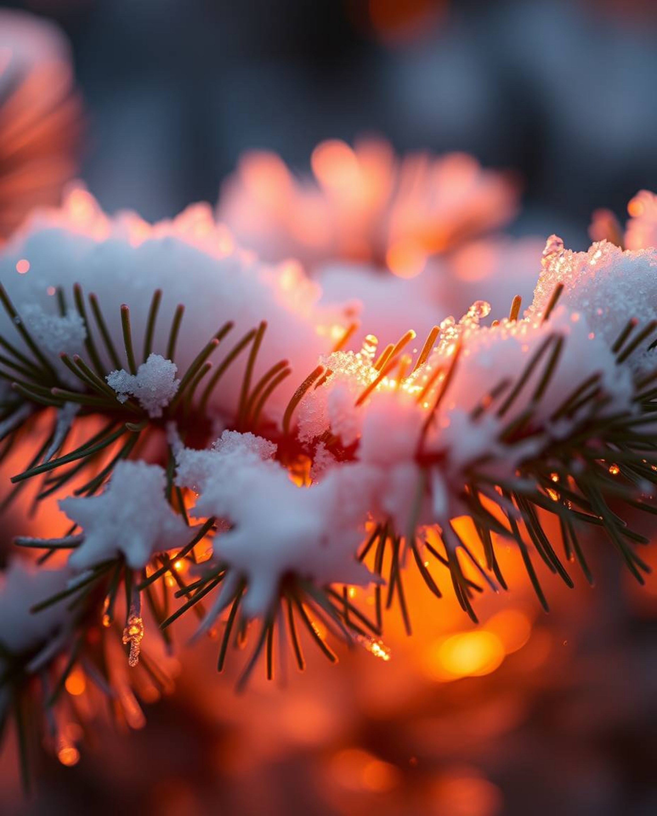 An extreme macro close-up captures the mystic and enchanting scene of sunset light sparkling on snowy pine needles. This imag