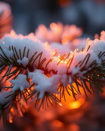 An extreme macro close-up captures the mystic and enchanting scene of sunset light sparkling on snowy pine needles. This imag