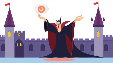 A digitally illustrated image in a modern flat design style depicting a classic Disney villain casting a spell within a simpl