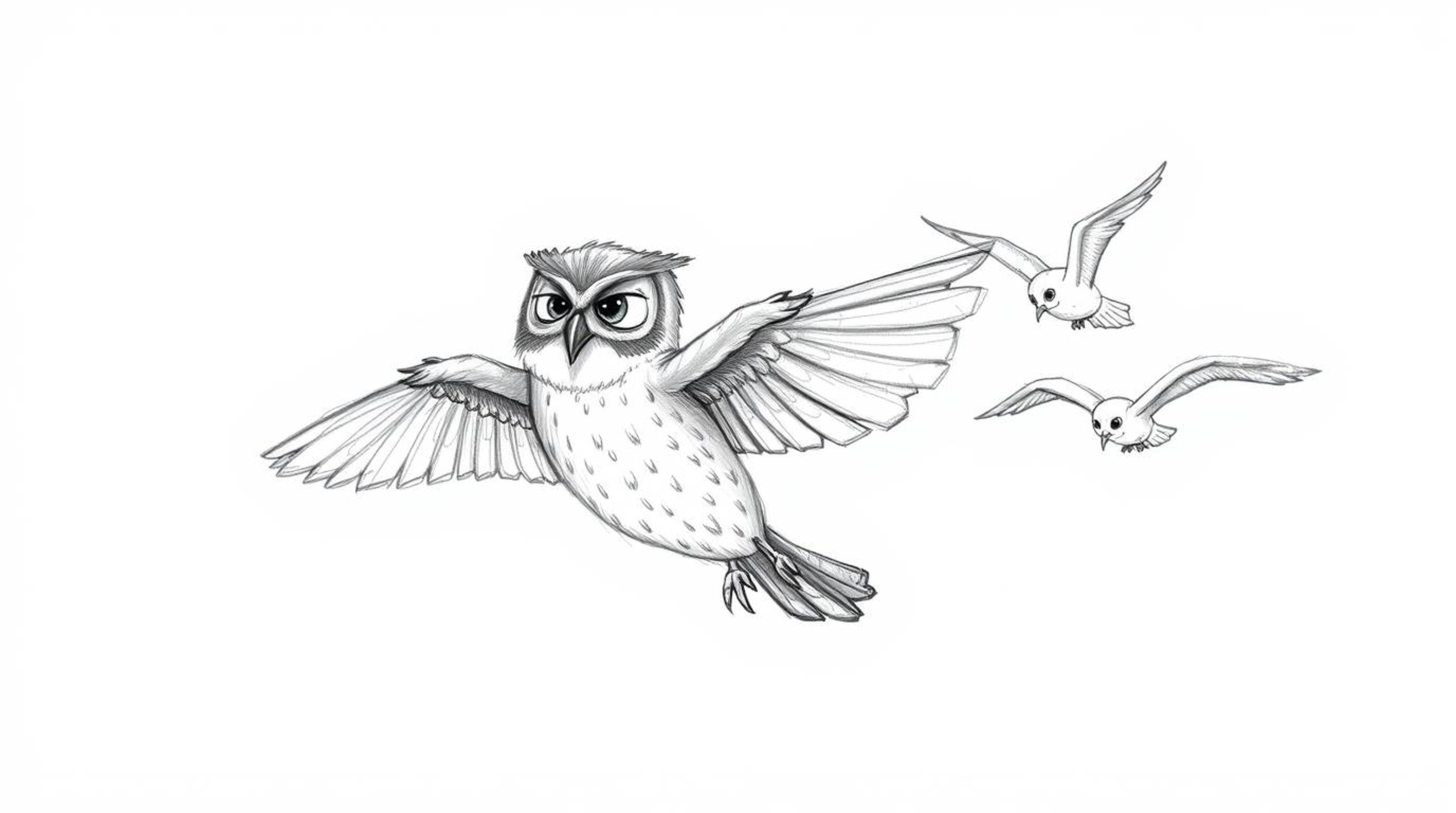 A heartwarming hand-drawn sketch in the style of Pixar portrays a blind owl with a gentle expression and textured feathers, l