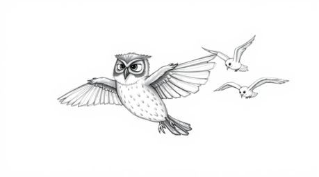 A heartwarming hand-drawn sketch in the style of Pixar portrays a blind owl with a gentle expression and textured feathers, l