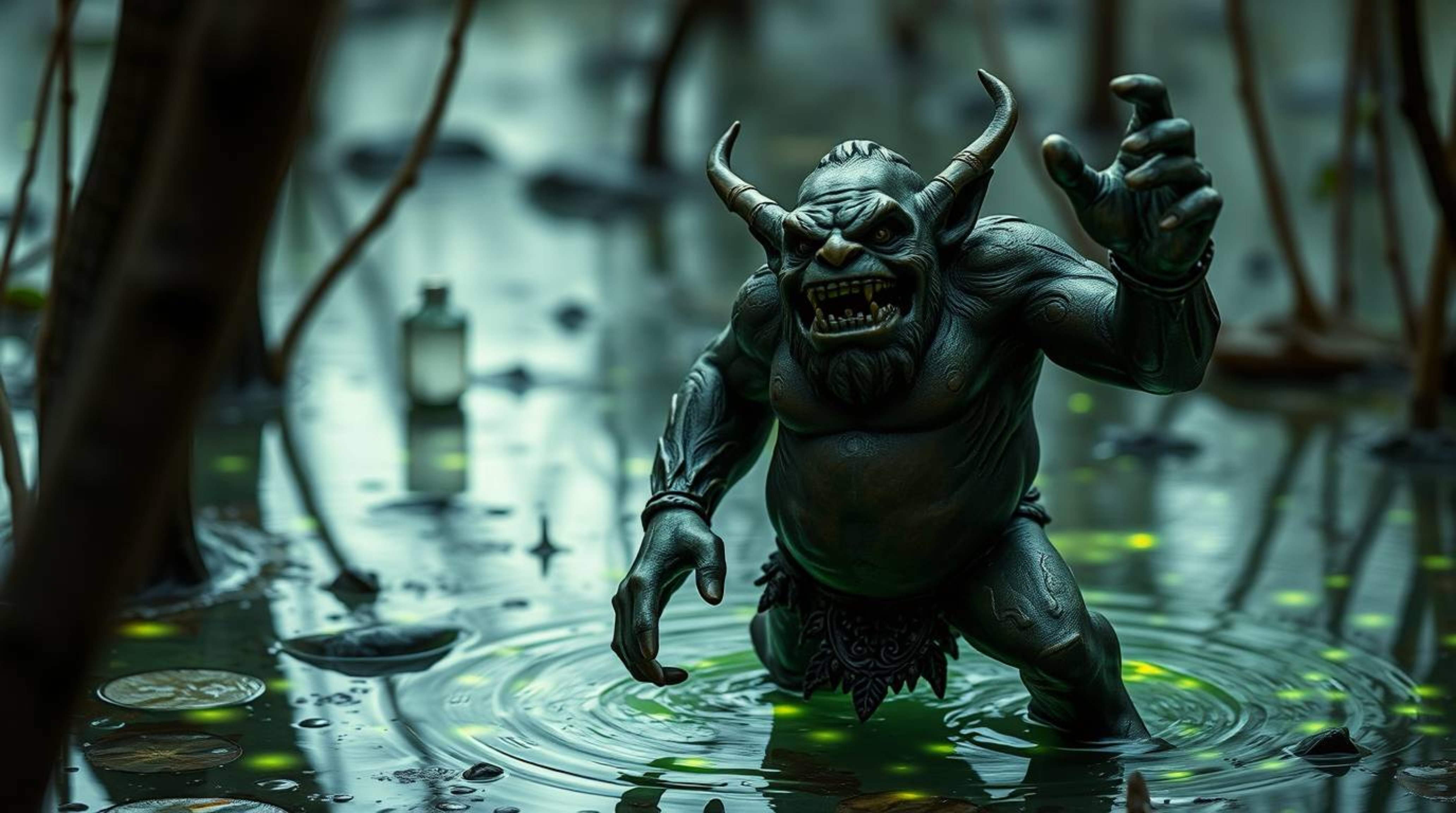 A captivating image of an antique bronze ogre dancing in a swamp.  Rendered with a stunning patina finish and natural light e