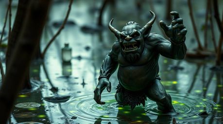 A captivating image of an antique bronze ogre dancing in a swamp.  Rendered with a stunning patina finish and natural light e