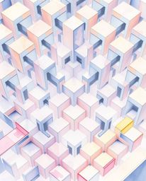 A delicate watercolor painting utilizing a high-angle perspective and featuring a repetitive cube pattern reminiscent of Esch
