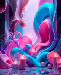 Explore a luxurious and vibrant abstract composition featuring colorful 3D fluid shapes and geometric forms interacting in a 
