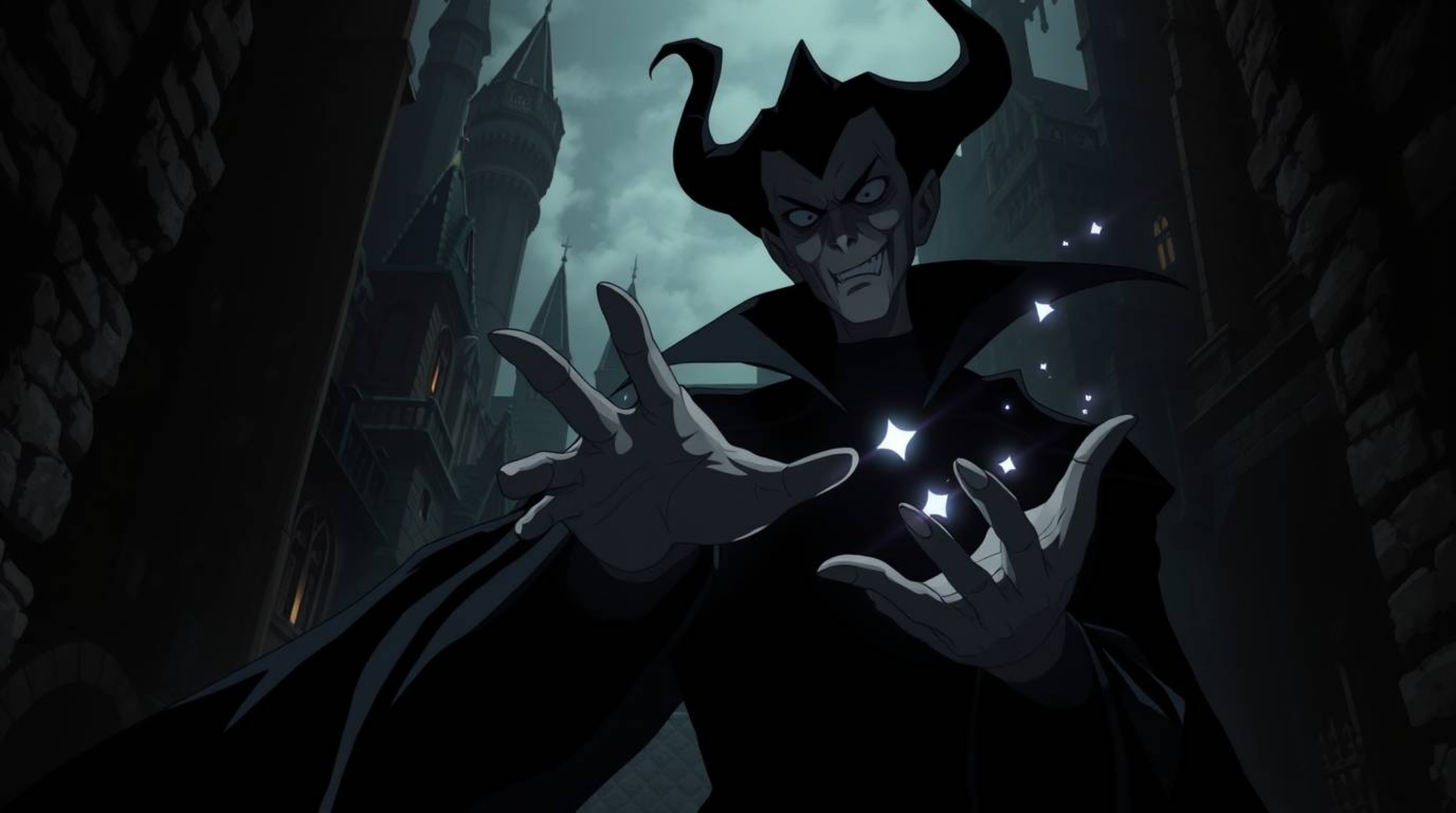 A captivating digital artwork depicts a classic Disney villain, rendered in an intense jet-black Isekai anime style. The hig