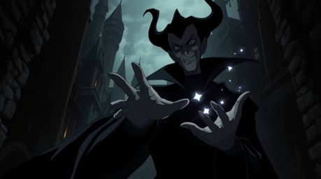 A captivating digital artwork depicts a classic Disney villain, rendered in an intense jet-black Isekai anime style. The hig