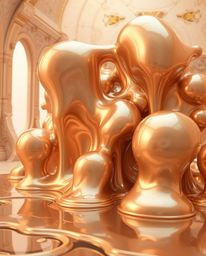 Explore a surreal 3D render featuring hyperrealistic, melted glass shapes set within an antique sci-fi environment.  The flui
