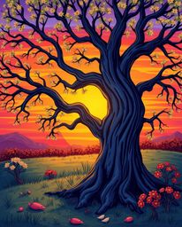 An adorable and cute illustration of a sunset behind a twisted oak tree. This artwork is brought to life with vibrant electri