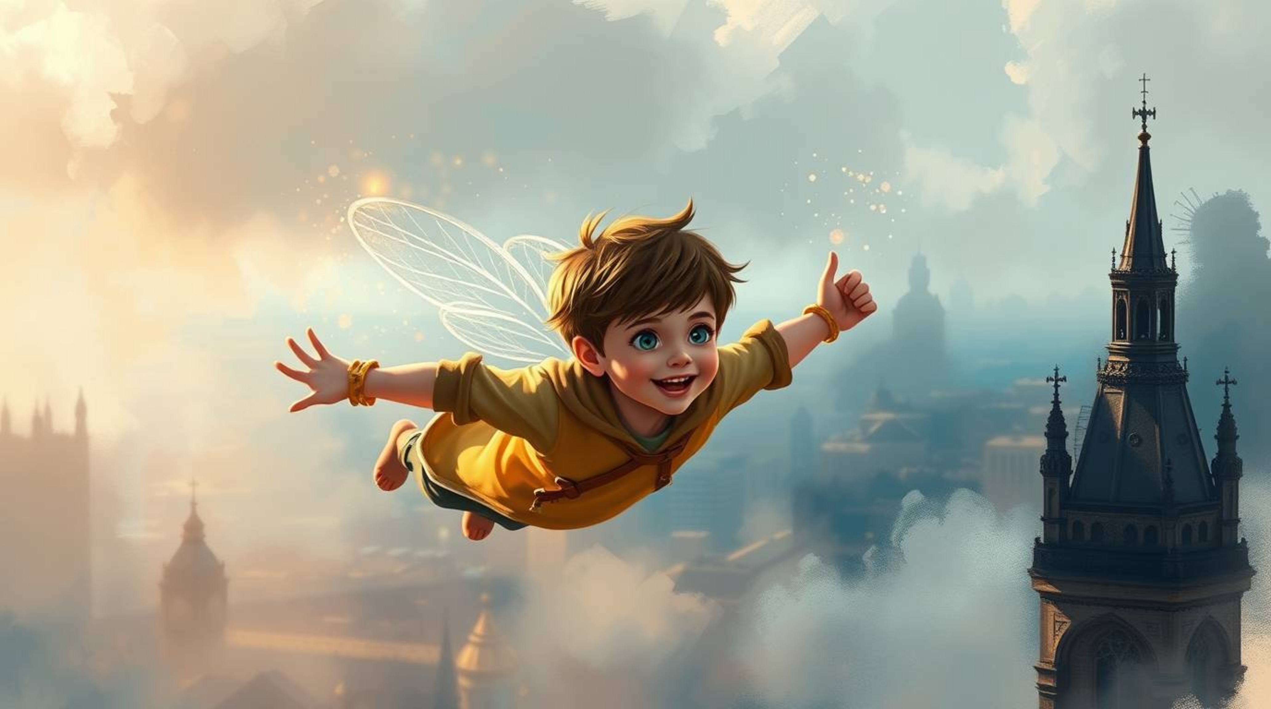 A dynamic digital painting depicts an adorable young boy soaring above London, enveloped in magical pixie dust.  The artwork 