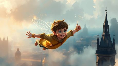 A dynamic digital painting depicts an adorable young boy soaring above London, enveloped in magical pixie dust.  The artwork 