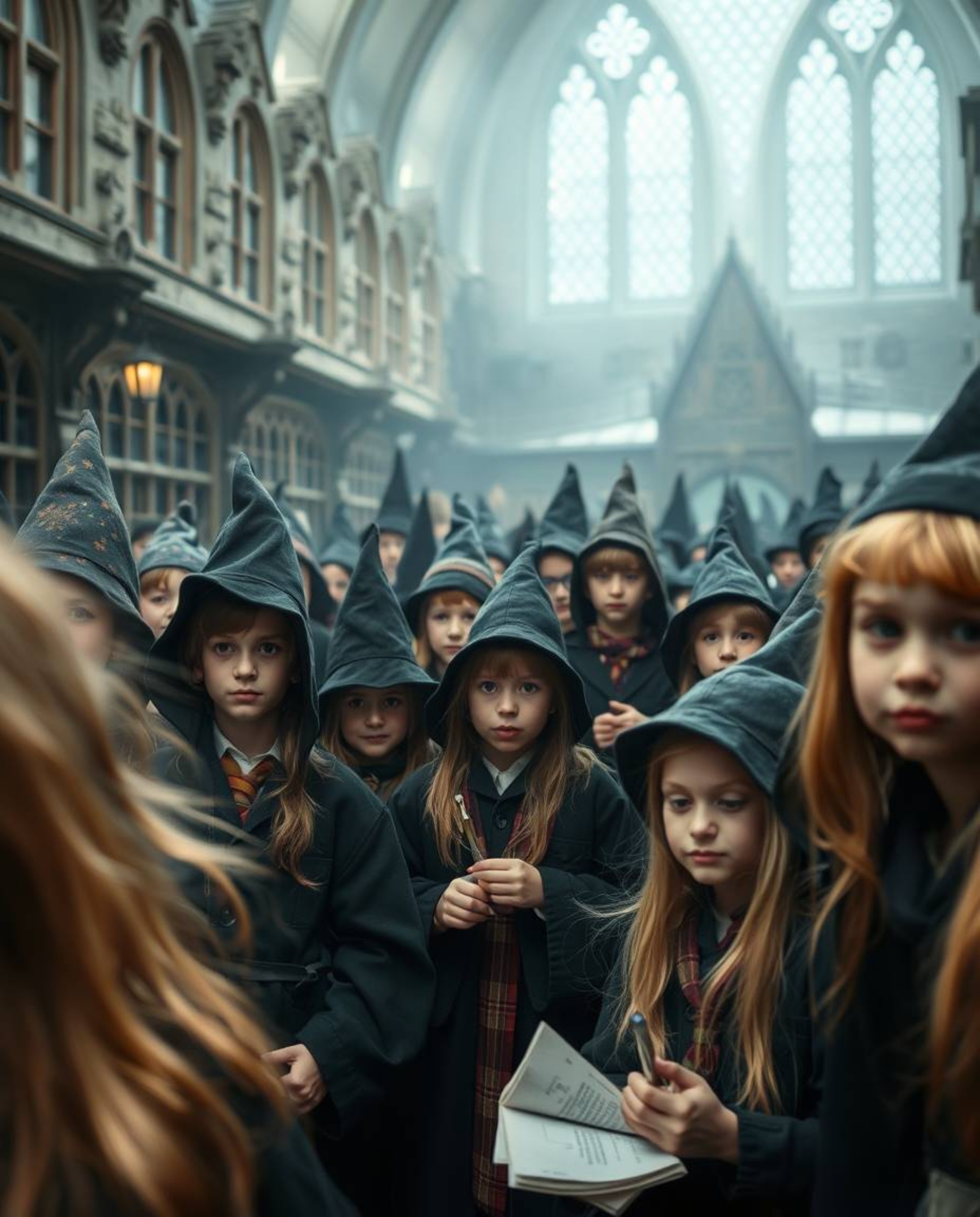 A captivating fine art photograph, reminiscent of Associated Press editorial photography, depicts a magical school brimming w