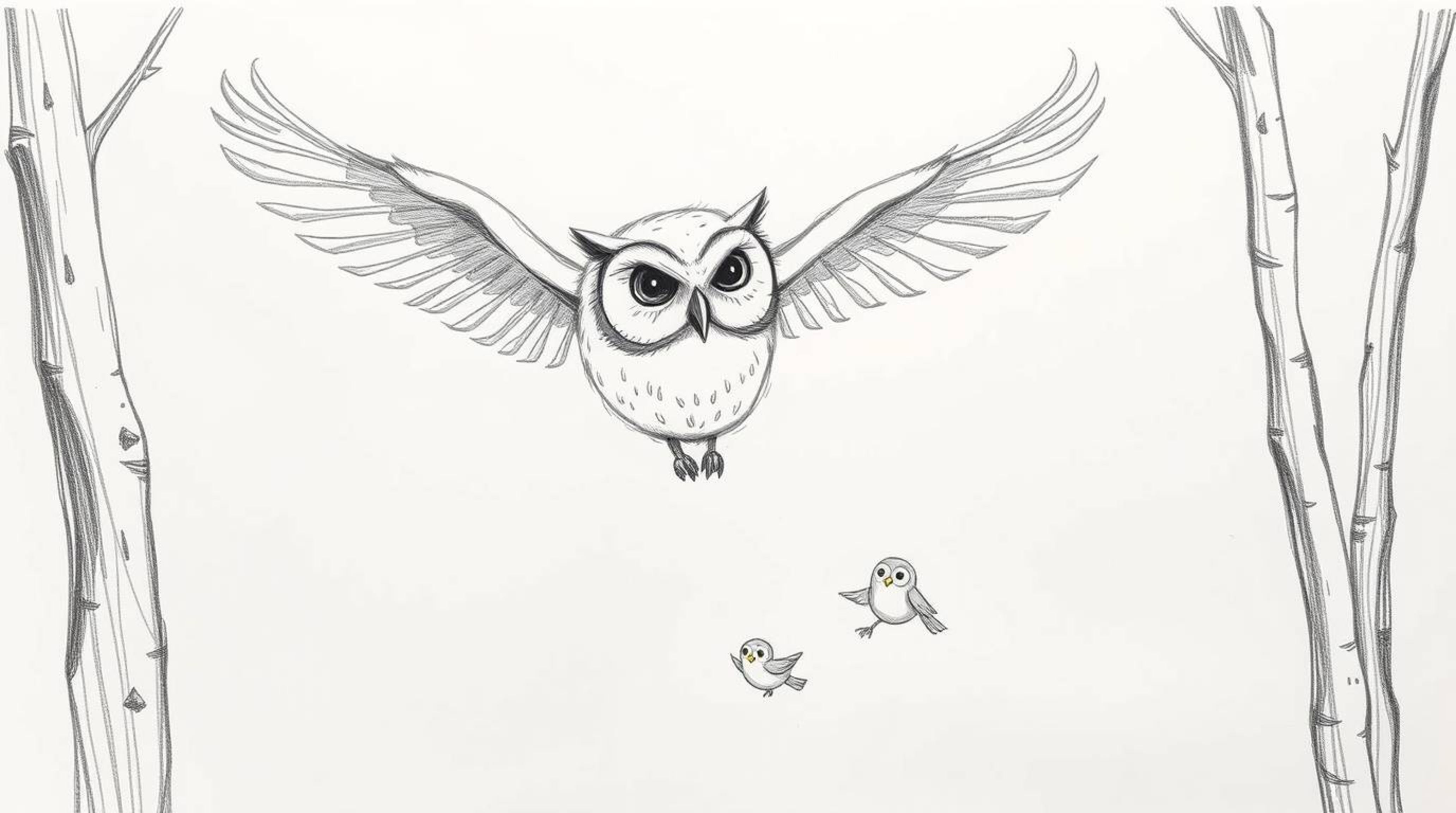 A charming hand-drawn sketch depicts a blind owl, rendered in a Pixar-esque style, gliding gracefully between trees.  The owl