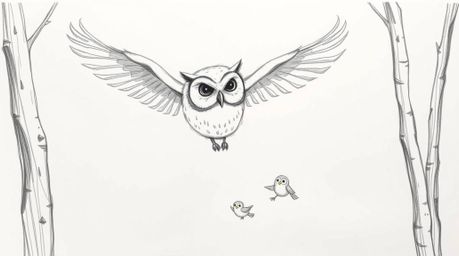 A charming hand-drawn sketch depicts a blind owl, rendered in a Pixar-esque style, gliding gracefully between trees.  The owl