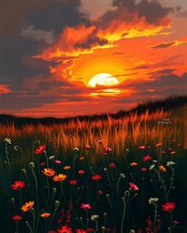 A dynamic digital sketch of a sunset over a spring wildflower meadow, crafted to evoke a rich fantasy scene. The artwork uses