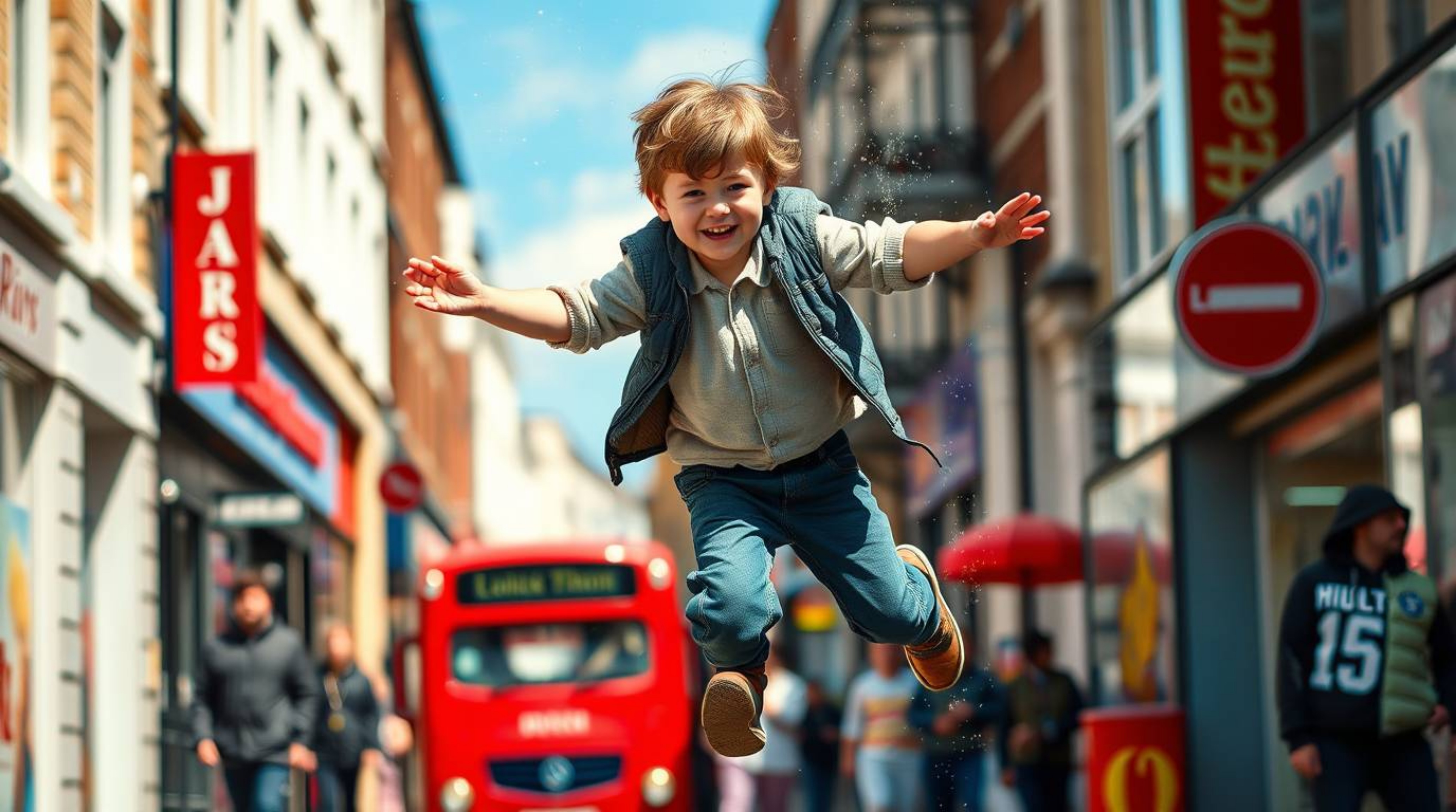 A captivating candid street photograph captures a young boy, seemingly suspended in mid-air by pixie dust, above a vibrant an