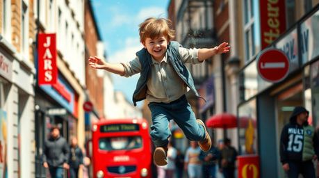 A captivating candid street photograph captures a young boy, seemingly suspended in mid-air by pixie dust, above a vibrant an