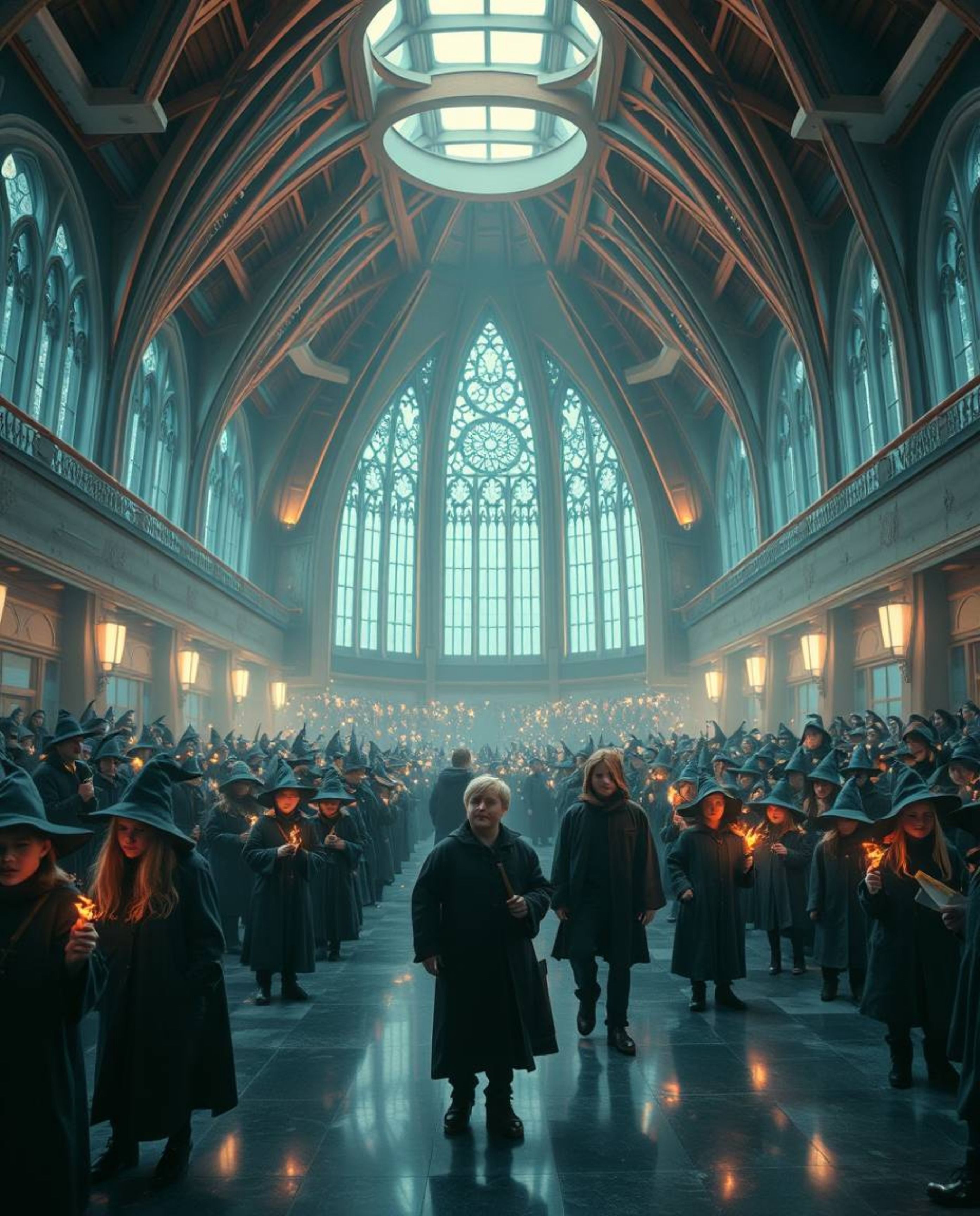 Explore a realm of unusual fine art photography depicting a grand, epic scene of a magical school teeming with young wizards.