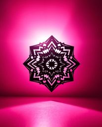 This black and white geometric pattern features a silhouetted, back-lit design in an optical illusion style. Rendered with el