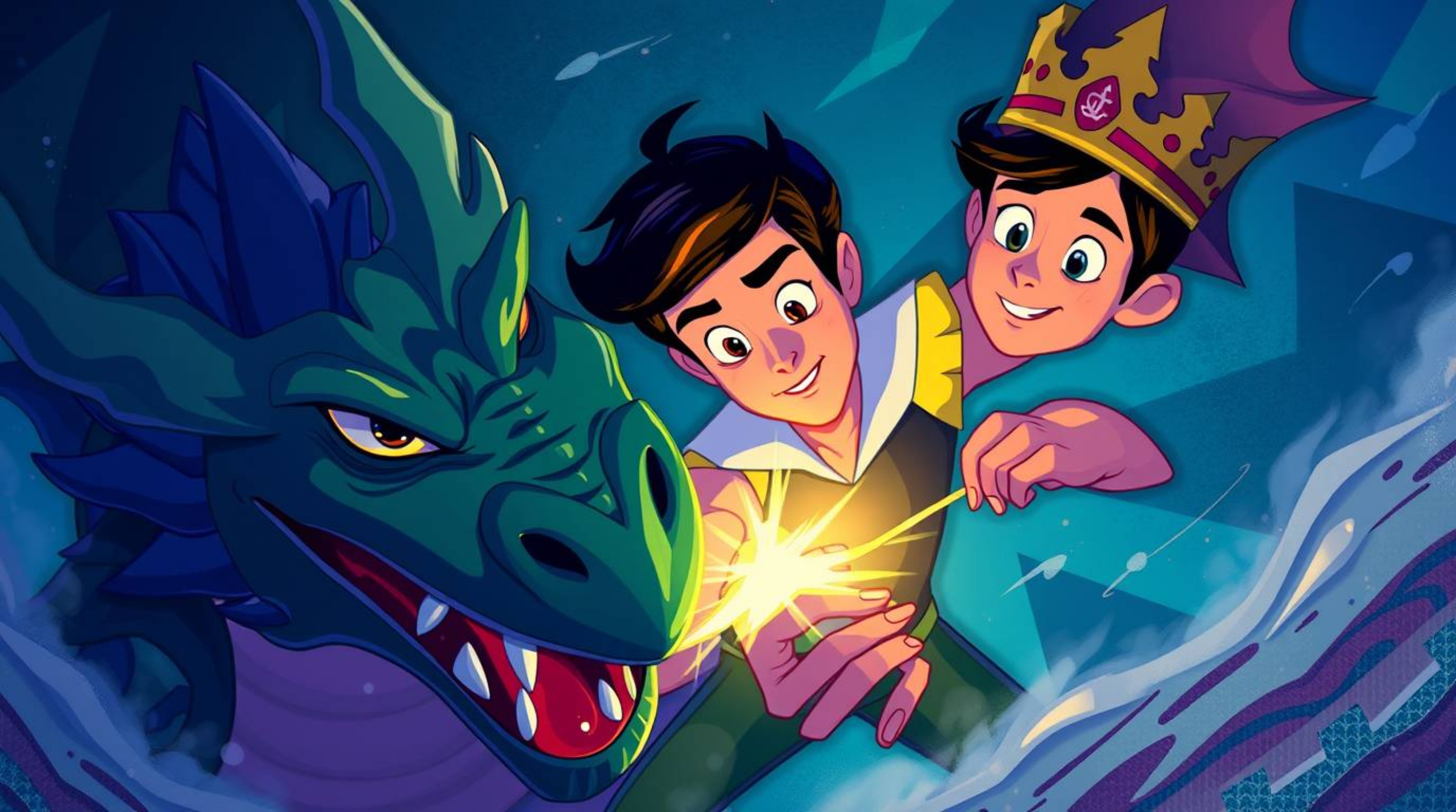 A charming prince, rendered in a stylized 1950s animation style, bravely battles a fearsome dragon.  The artwork boasts a coo