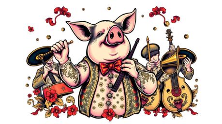 A vibrant and captivating image of a pig character conducting an orchestra, rendered in the style of traditional tattoo art. 