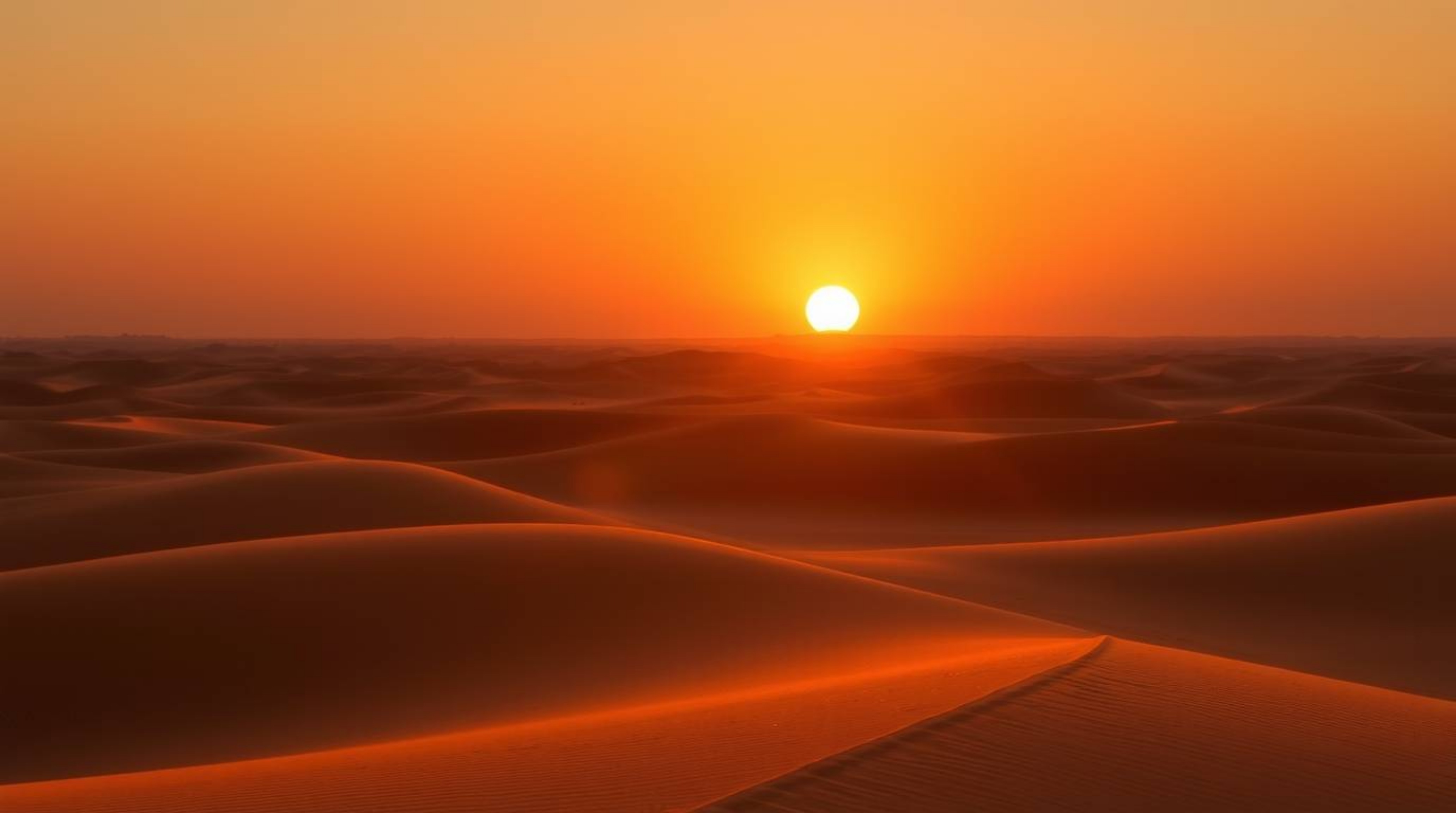 Experience the breathtaking beauty of a desert sunset.  Golden dunes bathed in the warm glow of the setting sun create a radi