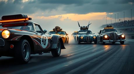 A dramatic, cinematic photograph capturing a wacky racing scene featuring outlandish cars.  Shot with soft contrast, soft sat