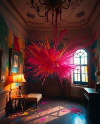 Immerse yourself in a vibrant spectacle with this collection showcasing a room exploding with paint, bathed in a warm golden 