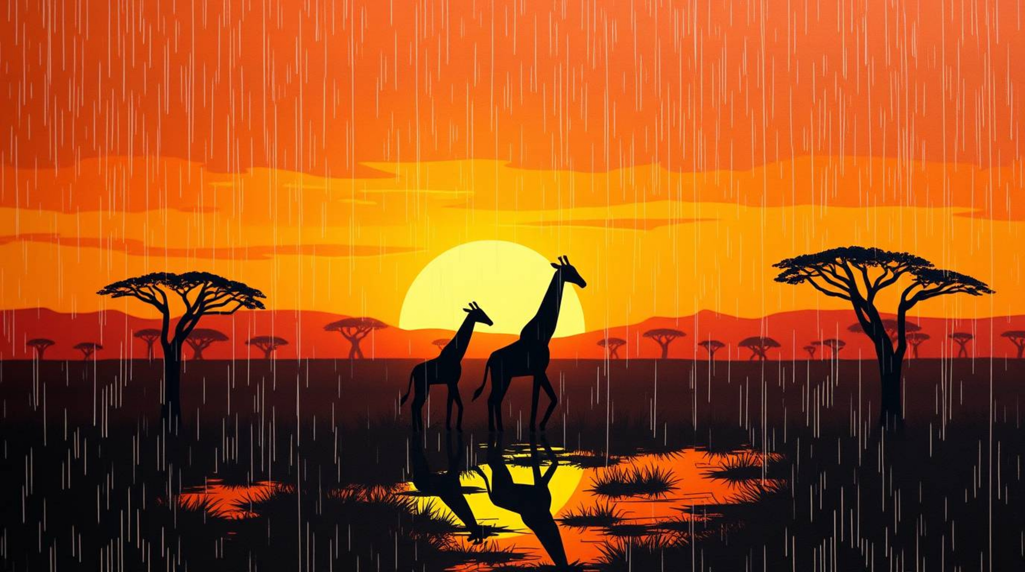 A captivating origami artwork depicting a wet and rainy savanna scene at sunset, complete with silhouetted giraffes. The driz