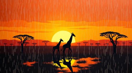 A captivating origami artwork depicting a wet and rainy savanna scene at sunset, complete with silhouetted giraffes. The driz