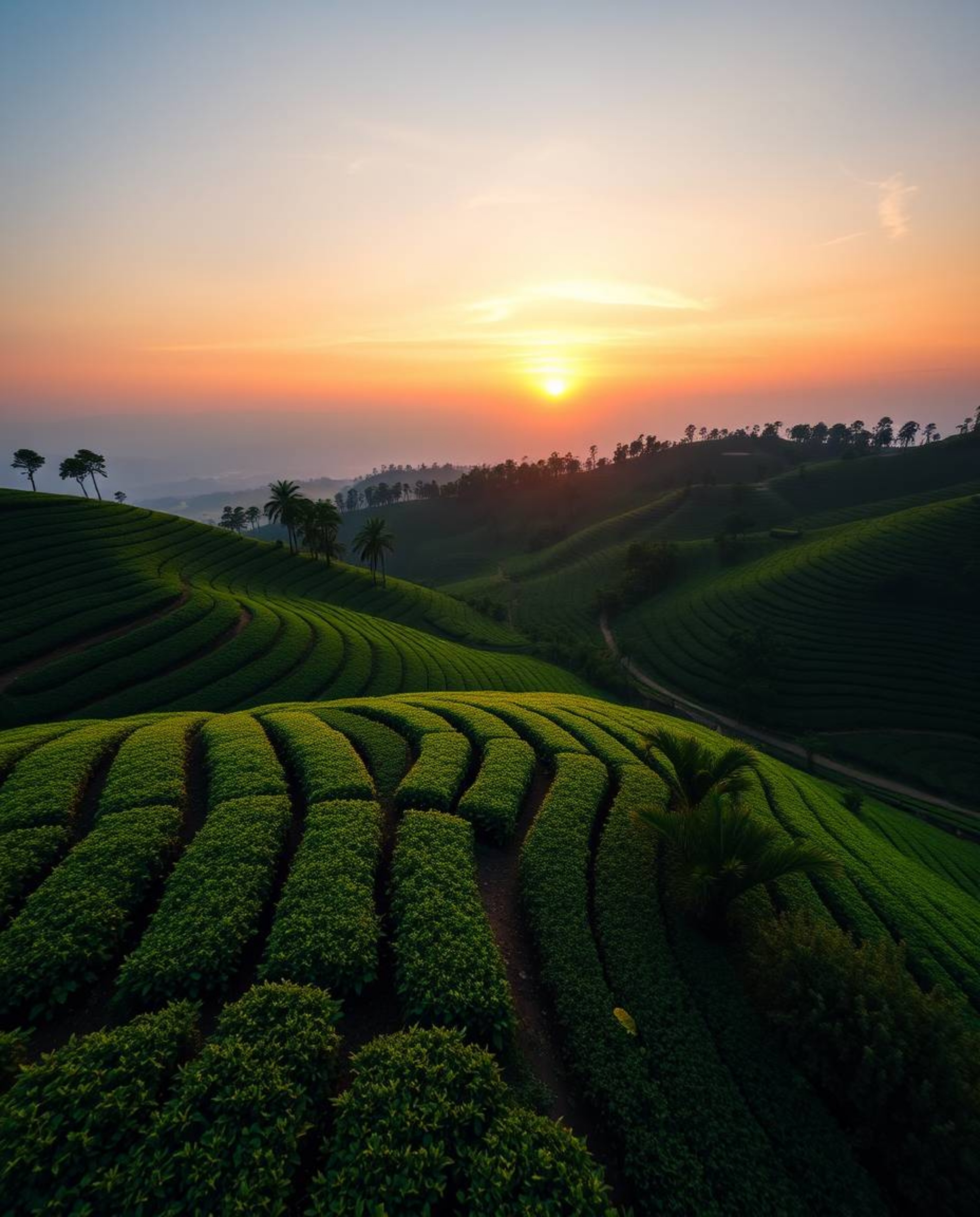 A high-angle perspective photograph of a sunset over terraced tea plantations. This image showcases vibrant complementary col