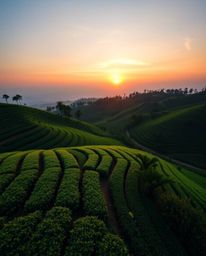A high-angle perspective photograph of a sunset over terraced tea plantations. This image showcases vibrant complementary col