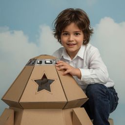 Exquisite high-fashion photography captures a young boy with curious eyes, building an intricately detailed cardboard spacesh