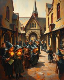 This classic oil painting transports you to a magical school brimming with young wizards. Rich textures, visible brushstrokes