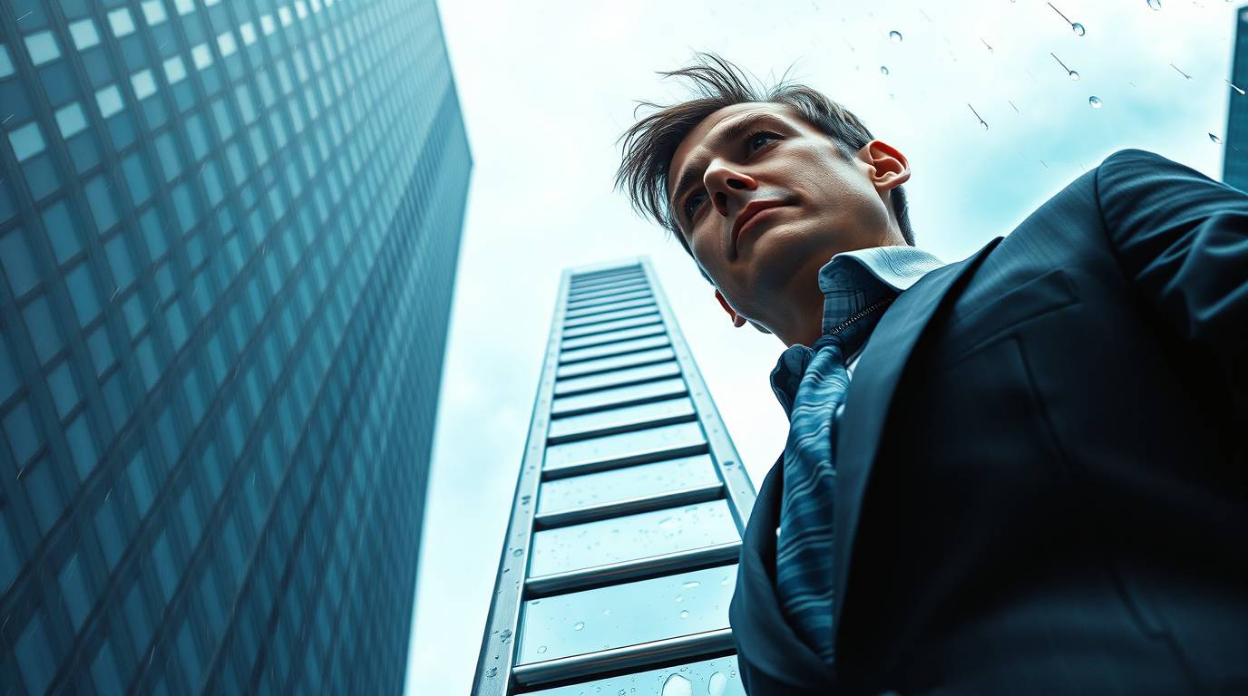 An abstract concept of success is depicted through a high-angle view of a determined businessperson, fair-skinned, scaling a 