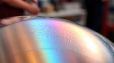 This professional fine art photograph captures the mesmerizing beauty of a metallic surface exhibiting an iridescent gradient