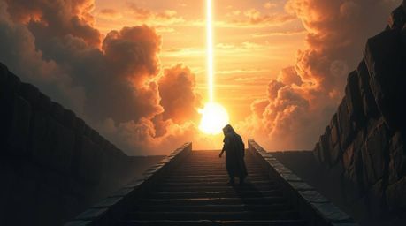 A captivating digital painting depicts a lone, cloaked figure ascending a stone staircase toward a radiant divine beam amidst
