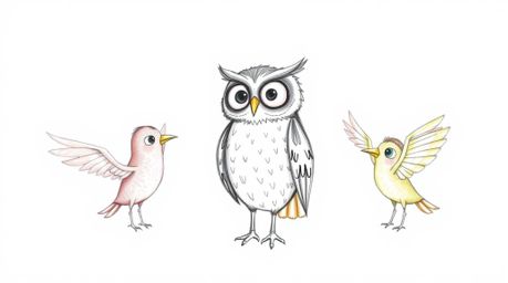 A whimsical hand-drawn sketch depicts a blind owl, rendered in a Pixar-esque style, guiding several birds who are sketching t