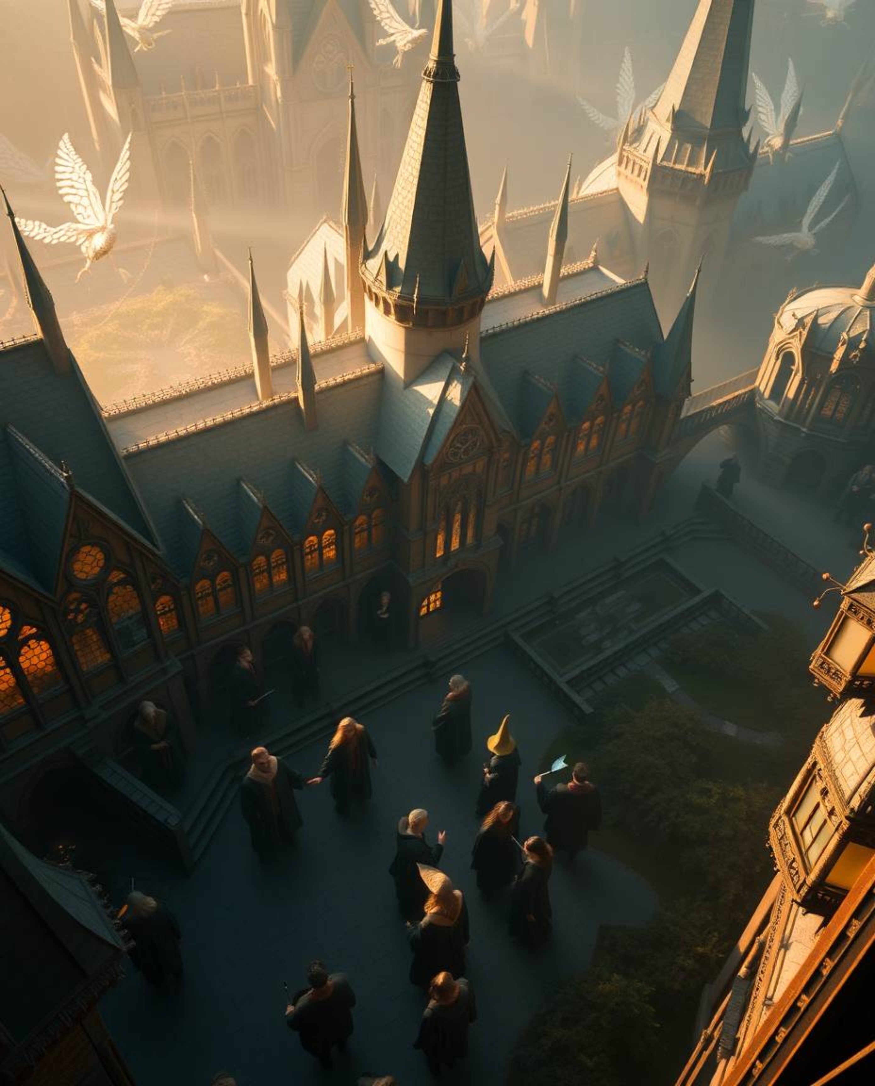 Immerse yourself in a magical school brimming with young wizards, bathed in the warm glow of golden hour light. This elevated