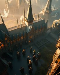 Immerse yourself in a magical school brimming with young wizards, bathed in the warm glow of golden hour light. This elevated