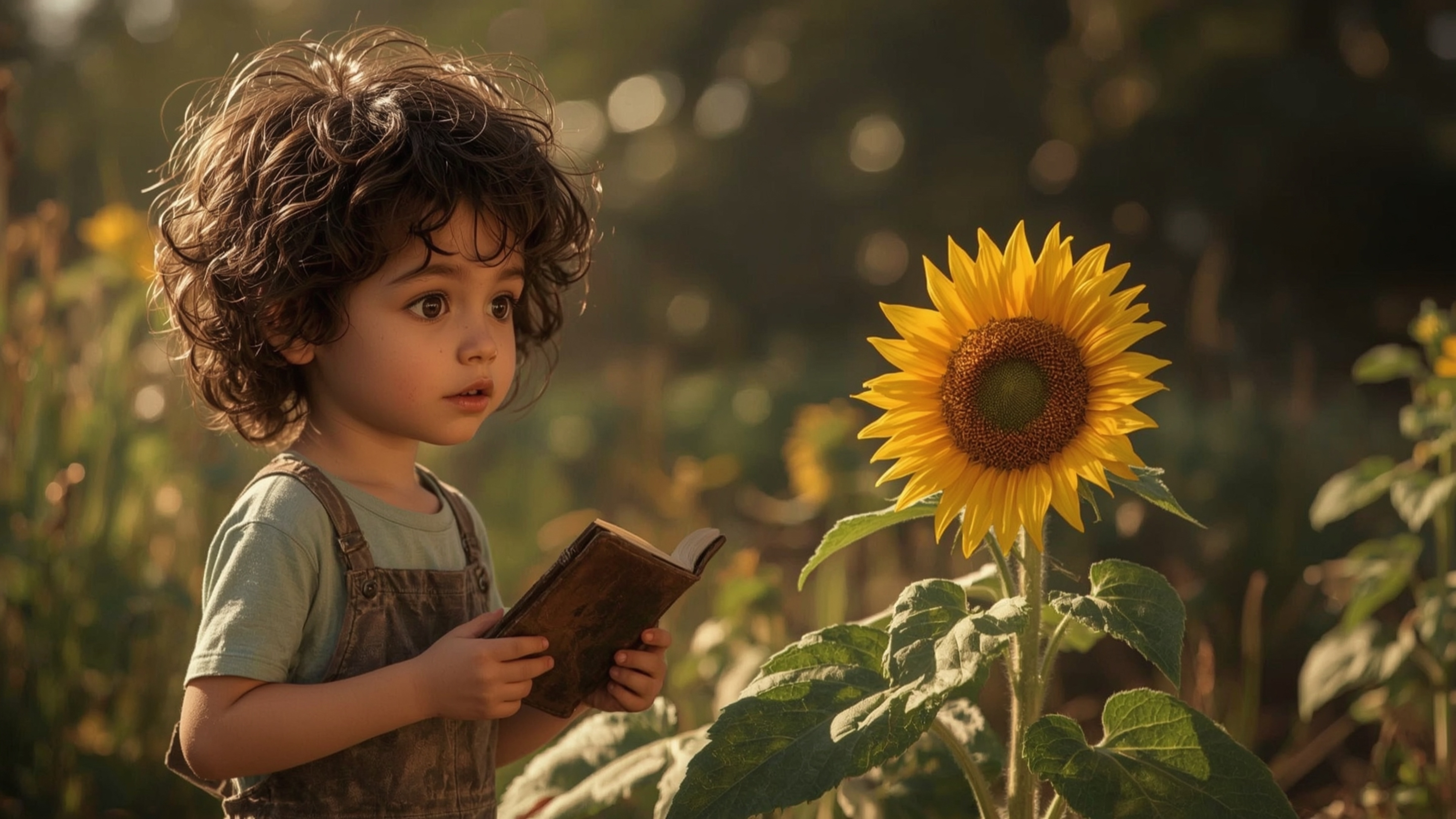 a warmly lit, cinematic photograph of a freckled, curly-haired young genius with bright, inquisitive brown eyes, wearing a wo