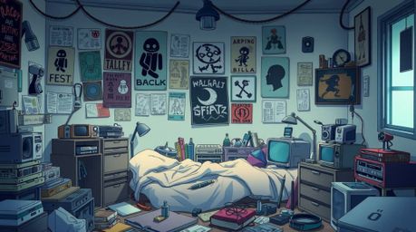 Immerse yourself in a vibrant Isekai anime-styled messy bedroom scene. Featuring smooth gradient transitions and an expressiv