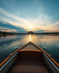 From a high-angle perspective, this image captures a boat drifting on a lake at sunset, rendered in the style of precise arch