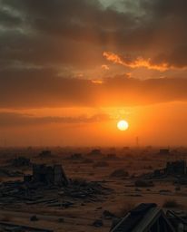 A captivating image depicting a sunrise over a war-torn landscape.  The scene is characterized by intense, dramatic lighting,