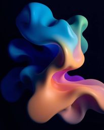 This abstract composition features colorful 3D fluid shapes interacting dynamically with geometric forms, enhanced by a cool 