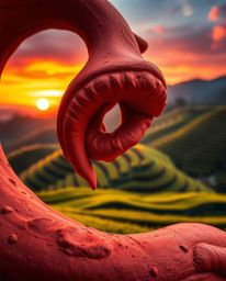 This is a piece of sculptural clay art, viewed in an extreme macro close-up, depicting a warm sunset over terraced tea planta