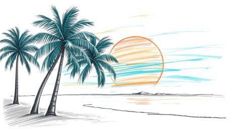 This collection showcases a vibrant, hand-drawn sketch of a luxurious tropical beach sunset.  Featuring swaying palm trees an